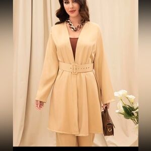 Solid Open Front Belted Top With Pants